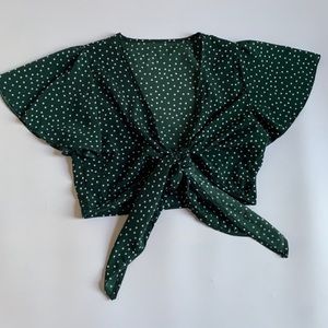 Polka Dot Cropped Tie Front Cap Sleeve Top